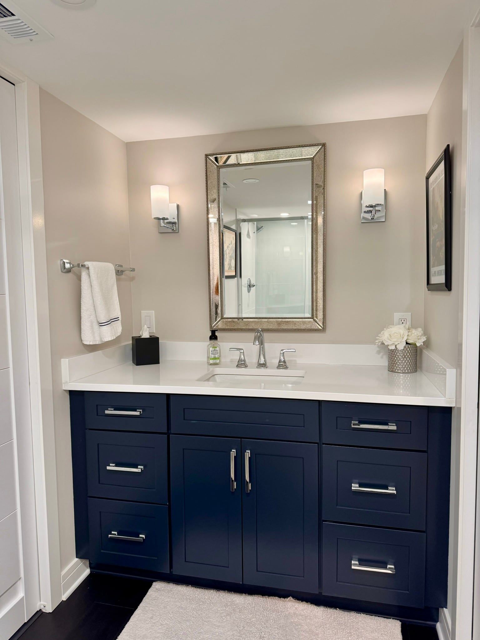 Bathroom with navy vanity